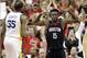 Houston Rockets center Clint Capela (15) celebrates after he scored against Golden State Warriors forward Kevin Durant (35) during the first half in Game 7 of the NBA basketball Western Conference finals, Monday, May 28, 2018, in Houston. (AP Photo/David Phillip)