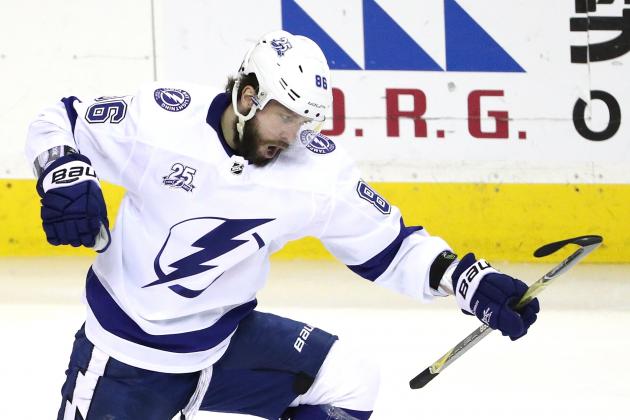 WASHINGTON, DC - MAY 15: Nikita Kucherov #86 of the Tampa Bay Lightning celebrates after scoring a goal on Braden Holtby #70 of the Washington Capitals during the second period in Game Three of the Eastern Conference Finals during the 2018 NHL Stanley Cup Playoffs at Capital One Arena on May 15, 2018 in Washington, DC. (Photo by Patrick Smith/Getty Images)