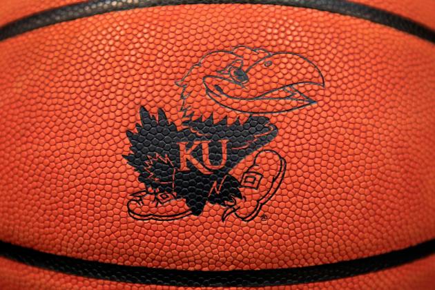 LAWRENCE, KS - NOVEMBER 24:  A detail of the Kansas Jayhawks logo on a basketball ahead of the game between the Rider Broncs and the Kansas Jayhawks at Allen Fieldhouse on November 24, 2014 in Lawrence, Kansas.  (Photo by Jamie Squire/Getty Images)