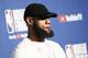 CLEVELAND, CA - JUN 8: LeBron James #23 of the Cleveland Cavaliers talks to the media after being defeated by the Golden State Warriors in Game Four of the 2018 NBA Finals won 108-85 by the Golden State Warriors over the Cleveland Cavaliers at the Quicken Loans Arena on June 6, 2018 in Cleveland, Ohio. NOTE TO USER: User expressly acknowledges and agrees that, by downloading and or using this photograph, User is consenting to the terms and conditions of the Getty Images License Agreement. Mandatory Copyright Notice: Copyright 2018 NBAE (Photo by Chris Elise/NBAE via Getty Images)