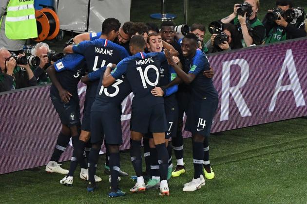 France's defender Samuel Umtiti (L) celebrates with teammates after scoring a goal during the Russia 2018 World Cup semi-final football match between France and Belgium at the Saint Petersburg Stadium in Saint Petersburg on July 10, 2018. (Photo by FRANCOIS XAVIER MARIT / AFP) / RESTRICTED TO EDITORIAL USE - NO MOBILE PUSH ALERTS/DOWNLOADS        (Photo credit should read FRANCOIS XAVIER MARIT/AFP/Getty Images)