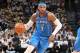 OKLAHOMA CITY, OK - APRIL 25: Carmelo Anthony #7 of the Oklahoma City Thunder handles the ball against the Utah Jazz in Game Five of Round One of the 2018 NBA Playoffs on April 25, 2018 at Chesapeake Energy Arena in Oklahoma City, Oklahoma. NOTE TO USER: User expressly acknowledges and agrees that, by downloading and or using this photograph, User is consenting to the terms and conditions of the Getty Images License Agreement. Mandatory Copyright Notice: Copyright 2018 NBAE (Photo by Layne Murdoch/NBAE via Getty Images)