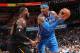 OKLAHOMA CITY, OK - FEBRUARY 13: LeBron James #23 of the Cleveland Cavaliers defends Carmelo Anthony #7 of the Oklahoma City Thunder during the game on February 13, 2018 at Chesapeake Energy Arena in Oklahoma City, Oklahoma. NOTE TO USER: User expressly acknowledges and agrees that, by downloading and/or using this photograph, user is consenting to the terms and conditions of the Getty Images License Agreement. Mandatory Copyright Notice: Copyright 2018 NBAE (Photo by Joe Murphy/NBAE via Getty Images)