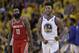 Golden State Warriors guard Nick Young (6) celebrates in front of Houston Rockets guard James Harden (13) during the second half of Game 6 of the NBA basketball Western Conference Finals in Oakland, Calif., Saturday, May 26, 2018. (AP Photo/Marcio Jose Sanchez)