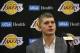 Los Angeles Lakers' team pick in the 2018 NBA Draft Moritz Wagner, originally from Germany smiles during an introductory news conference in El Segundo, Calif., Tuesday, June 26, 2018. (AP Photo/Damian Dovarganes)