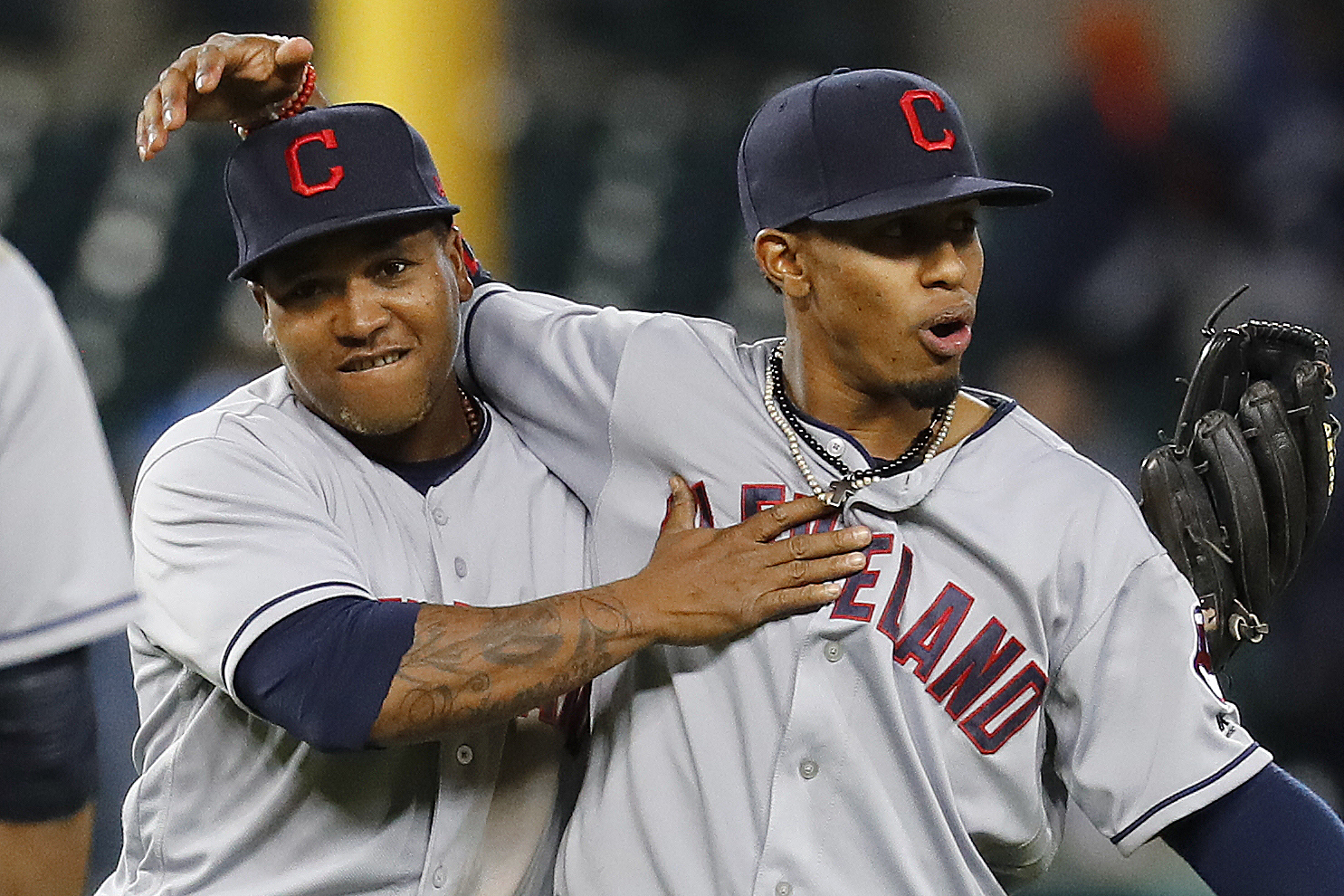 Cleveland Indians Jose Ramirez and Francisco Lindor, during batting  practice on the day before the first game of the ALDS against the Houston  Astros at Minute M…