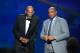 SANTA MONICA, CA - JUNE 25: Kareem Abdul-Jabbar (L) and Charles Barkley speak onstage at the 2018 NBA Awards at Barkar Hangar on June 25, 2018 in Santa Monica, California. (Photo by Kevin Winter/Getty Images for Turner Sports)