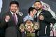 Philippine senator and boxing hero Manny Pacquiao, left, poses with Argentine WBA welterweight champion Lucas Matthysse during a press conference, in Kuala Lumpur, Malaysia, Thursday, July 12, 2018. Matthysse and Pacquiao were scheduled to fight on July 15, for the World Boxing Association welterweight title in Malaysia. (AP Photo/Yam G-Jun)