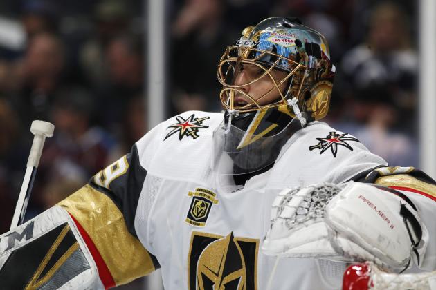 Vegas Golden Knights goaltender Marc-Andre Fleury (29) in the third period overtime the shootout session of an NHL hockey game Saturday, March 24, 2018, in Denver. Colorado won 2-1. (AP Photo/David Zalubowski)