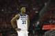 HOUSTON, TX - APRIL 25: Jimmy Butler #23 of the Minnesota Timberwolves reacts in the second half during Game Five of the first round of the 2018 NBA Playoffs against the Houston Rockets at Toyota Center on April 25, 2018 in Houston, Texas. NOTE TO USER: User expressly acknowledges and agrees that, by downloading and or using this photograph, User is consenting to the terms and conditions of the Getty Images License Agreement. (Photo by Tim Warner/Getty Images)