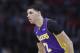 Los Angeles Lakers guard Lonzo Ball is seen during the second half of an NBA basketball game against the Detroit Pistons, Monday, March 26, 2018, in Detroit. (AP Photo/Carlos Osorio)