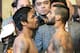 Philippine senator and boxing hero Manny Pacquiao, left, and Argentine World Boxing Association welterweight champion Lucas Matthysse pose after weigh-ins in Kuala Lumpur, Malaysia, Saturday, July 14, 2018. Matthysse and Pacquiao are scheduled to fight on July 15, for the World Boxing Association welterweight title in Malaysia. (AP Photo/Yam G-Jun)