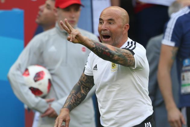 Argentina's coach Jorge Sampaoli gestures  during the Russia 2018 World Cup round of 16 football match between France and Argentina at the Kazan Arena in Kazan on June 30, 2018. (Photo by Roman Kruchinin / AFP) / RESTRICTED TO EDITORIAL USE - NO MOBILE PUSH ALERTS/DOWNLOADS        (Photo credit should read ROMAN KRUCHININ/AFP/Getty Images)