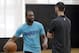 Charlotte Hornets' Kemba Walker, left, talks with head coach James Borrego, right, during pre draft workouts for the NBA basketball team in Charlotte, N.C., Tuesday, June 19, 2018. (AP Photo/Chuck Burton)