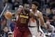 Cleveland Cavaliers' Kendrick Perkins (21) drives past New York Knicks' Isaiah Hicks (4) in the second half of an NBA basketball game, Wednesday, April 11, 2018, in Cleveland. The Knicks won 110-98. (AP Photo/Tony Dejak)