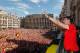 Belgium's goalkeeper Thibaut Courtois celebrates at the balcony in front of more than 8000 supporters at the Grand-Place, Grote Markt in Brussels city center, as Belgian national football team Red Devils arrive to celebrate with supporters at the balcony of the city hall after reaching the semi-finals and winning the bronze medal at the Russia 2018 World Cup, on July 15, 2018. (Photo by Yves HERMAN / BELGA / AFP) / Belgium OUT (Photo credit should read YVES HERMAN/AFP/Getty Images)
