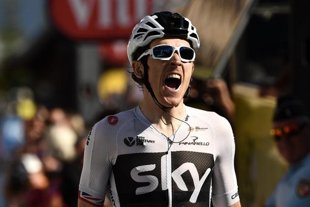 TOPSHOT - Great Britain's Geraint Thomas celebrates as he crosses the finish line to win the eleventh stage of the 105th edition of the Tour de France cycling race between Albertville and La Rosiere, French Alps, on July 18, 2018. (Photo by Marco BERTORELLO / AFP) (Photo credit should read MARCO BERTORELLO/AFP/Getty Images)