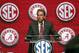 NCAA college football head coach Nick Saban of Alabama speaks during the Southeastern Conference Media Days Wednesday, July 18, 2018, in Atlanta. (AP Photo/John Bazemore)