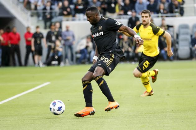 Los Angeles FC forward Adama Diomande (99) of Norway, inactions during an international friendly soccer game between Los Angeles FC and Borussia Dortmund in Los Angeles, Tuesday, May 22, 2018. The game ended in a 1-1 draw. (AP Photo/Ringo H.W. Chiu)