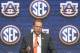NCAA college football head coach Gus Malzahn of Auburn speaks during the Southeastern Conference Media Days at the College Football Hall of Fame in Atlanta, Thursday, July 19, 2018. (AP Photo/John Amis)