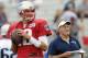 New England Patriots (12) quarterback Tom Brady smiles as he looks to pass while head coach Bill Belichick looks on during a joint NFL football practice with the Houston Texans, Tuesday, Aug. 15, 2016 in White Sulphur Springs, W.Va. (AP Photo/Chris Jackson)