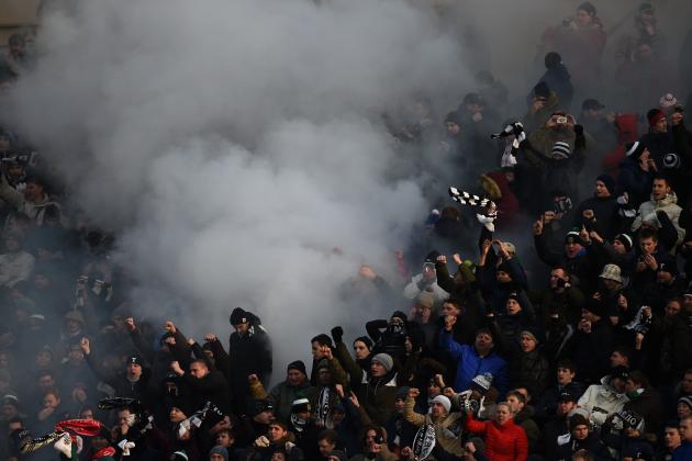 MOSCOW, RUSSIA - NOVEMBER 22: Fans of FC Torpedo Moscow during the Russian Premier League match between FC Torpedo Moscow and FC Rostov at the Eduard Streltsov Stadium on November 22, 2014 in Moscow, Russia. (Photo by Epsilon/Getty Images)