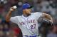 New York Mets relief pitcher Jeurys Familia works in the 12th inning of a baseball game against the Atlanta Braves on Friday, April 20, 2018, in Atlanta. New York won 5-3 in 12 innings. (AP Photo/John Bazemore)