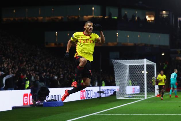 WATFORD, ENGLAND - NOVEMBER 19:  Richarlison de Andrade of Watford celebrates as he scores their second goal during the Premier League match between Watford and West Ham United at Vicarage Road on November 19, 2017 in Watford, England.  (Photo by Clive Rose/Getty Images)