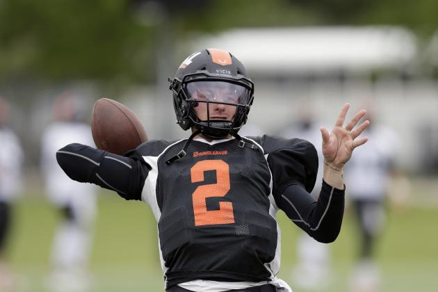 Former Heisman Trophy-winning quarterback Johnny Manziel (2) prepares for a developmental Spring League game, Saturday, April 7, 2018, in Austin, Texas. Manziel is hoping to impress NFL scouts in his bid to return to the league. (AP Photo/Eric Gay)