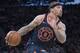 New York Knicks forward Michael Beasley handles the ball during the second half of an NBA basketball game against the Detroit Pistons, Saturday, March 31, 2018, at Madison Square Garden in New York. The Pistons won 109-115. (AP Photo/Mary Altaffer)