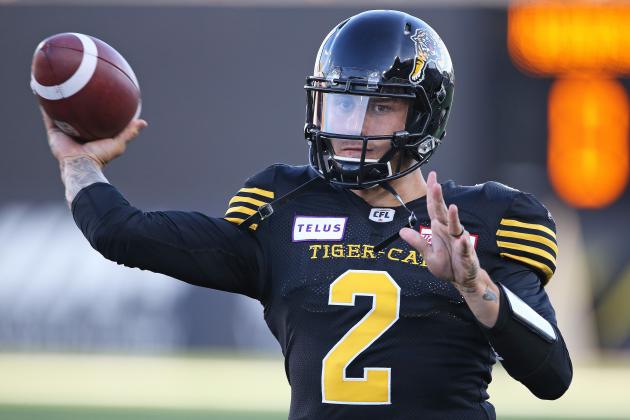 HAMILTON, ON - JULY 19:  Johnny Manziel #2 of the Hamilton Tiger-Cats warms up prior to action against the Saskatchewan Roughriders in a CFL game at Tim Hortons Field on July 19, 2018 in Hamilton, Ontario,Canada. (Photo by Claus Andersen/Getty Images)