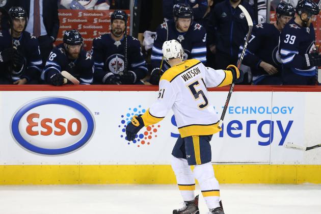 WINNIPEG, MANITOBA - MAY 1: Austin Watson #51 of the Nashville Predators celebrates scoring against the Winnipeg Jets in Game Three of the Western Conference Second Round during the 2018 NHL Stanley Cup Playoffs on May 1, 2018 at Bell MTS Place in Winnipeg, Manitoba, Canada. (Photo by Jason Halstead /Getty Images)