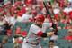 Cincinnati Reds' Joey Votto bats during the first inning of a baseball game against the St. Louis Cardinals Saturday, July 14, 2018, in St. Louis. (AP Photo/Jeff Roberson)