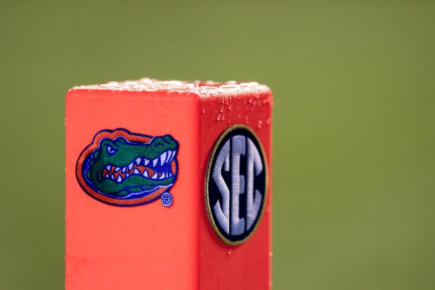 GAINESVILLE, FL - SEPTEMBER 03: A detailed view of a pylon showing both the Florida Gators and SEC logos covered in rain during the game between the Florida Gators and the Massachusetts Minutemen at Ben Hill Griffin Stadium on September 3, 2016 in Gainesville, Florida. (Photo by Rob Foldy/Getty Images)