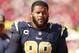 Los Angeles Rams defensive tackle Aaron Donald (99) walks the sidelines during an NFL football game against the Tampa Bay Buccaneers, Sunday, Sept. 25, 2016, in Tampa. The Rams won the game 37-32. (Jeff Haynes/AP Images for Panini)