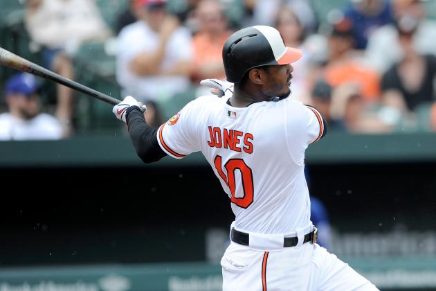 BALTIMORE, MD - JULY 15: Adam Jones #10 of the Baltimore Orioles hits a three-run double in the third inning against the Texas Rangers at Oriole Park at Camden Yards on July 15, 2018 in Baltimore, Maryland.  (Photo by Greg Fiume/Getty Images)