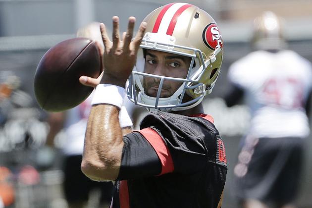 FILE - In this June 13, 2018, file photo, San Francisco 49ers quarterback Jimmy Garoppolo throws a pass during NFL football practice at the team's headquarters in Santa Clara, Calif. Sure, Jimmy G is 7-0 as a starter, including 5-0 when he took the reins in San Francisco last year. Look for that first loss to come early this season, perhaps in the opener at Minnesota, a major challenge for the rebuilding 49ers. (AP Photo/Jeff Chiu, File)