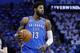 Oklahoma City Thunder forward Paul George (13) during Game 5 of an NBA basketball first-round playoff series between the Utah Jazz and the Oklahoma City Thunder n Oklahoma City, Wednesday, April 25, 2018. (AP Photo/Sue Ogrocki)