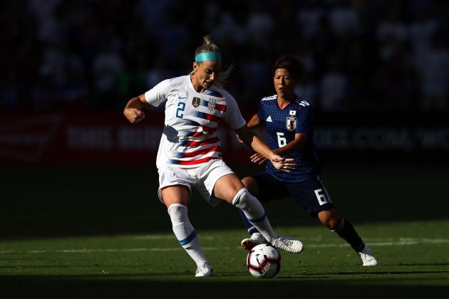 KANSAS CITY, KS - JULY 26:  Julie Ertz #2 of the United States controls the ball as Saori Ariyoshi #6 of Japan defends during their Tournament Of Nations match at Children's Mercy Park on July 26, 2018 in Kansas City, Kansas.  (Photo by Jamie Squire/Getty Images)
