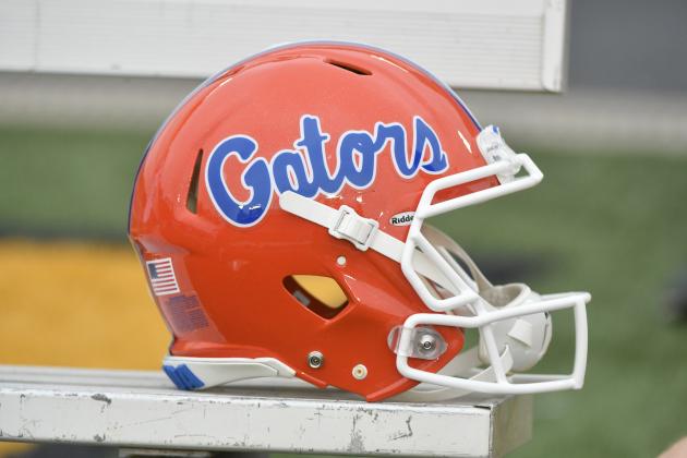 COLUMBIA, MO - NOVEMBER 4: A Florida Gators' helmet rest on a bench during a game against the Missouri Tigers at Memorial Stadium on November 4, 2017 in Columbia, Missouri. (Photo by Ed Zurga/Getty Images) *** Local Caption ***