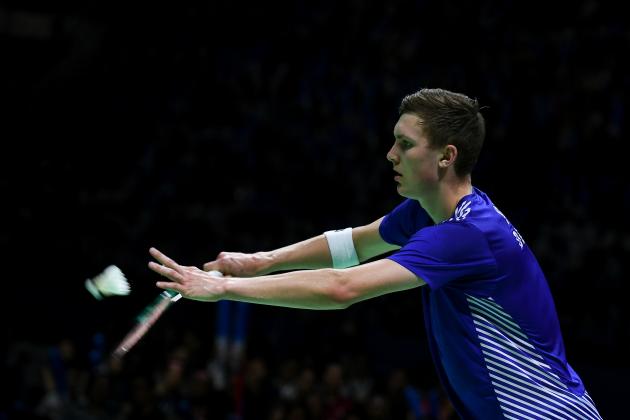 JAKARTA, INDONESIA - JULY 08:  Viktor Axelsen of Denmark competes against Kento Momota of Japan during the Men's Singles Final match on day six of the Blibli Indonesia Open at Istora Gelora Bung Karno on July 8, 2018 in Jakarta, Indonesia.  (Photo by Robertus Pudyanto/Getty Images)