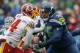   SEATTLE, WA - NOVEMBER 05: Seattle # 76 Duane Brown's offensive tackle from the Seattle Seahawks pbad blocks against linebacker Mason Foster # 54 of the Washington Redskins at CenturyLink Field on November 5, 2017 in Seattle, Washington. The Redskins defeated the Seahawks 17-14. (Photo: Otto Greule Jr / Getty Images) 