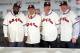 FILE - In this Jan. 25, 2018, file photo, Baseball Hall of Fame inductees, from left, Vladimir Guerrero, Trevor Hoffman, Chipper Jones and Jim Thome, pose during a news conference in New York. Induction ceremonies will be Sunday, July 29, 2018. (AP Photo/Frank Franklin II, File)