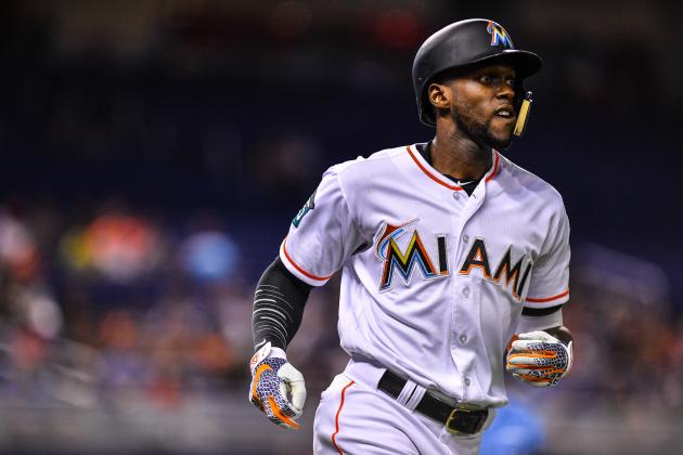 MIAMI, FL - JUNE 27: Cameron Maybin #1 of the Miami Marlins runs to first base after batting in the first inning during the game against the  at Marlins Park on June 27, 2018 in Miami, Florida. (Photo by Mark Brown/Getty Images)