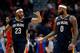 NEW ORLEANS, LA - JANUARY 26: Anthony Davis #23 of the New Orleans Pelicans and DeMarcus Cousins #0 of the New Orleans Pelicans react after scoring against the Houston Rockets during the second half at the Smoothie King Center on January 26, 2018 in New Orleans, Louisiana. NOTE TO USER: User expressly acknowledges and agrees that, by downloading and or using this photograph, User is consenting to the terms and conditions of the Getty Images License Agreement. (Photo by Sean Gardner/Getty Images)