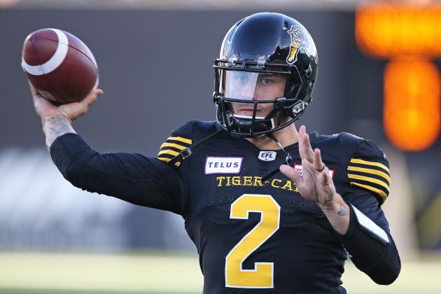 HAMILTON, ON - JULY 19:  Johnny Manziel #2 of the Hamilton Tiger-Cats warms up prior to action against the Saskatchewan Roughriders in a CFL game at Tim Hortons Field on July 19, 2018 in Hamilton, Ontario,Canada. (Photo by Claus Andersen/Getty Images)