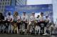 Members of the Golden State Warriors, from left, Draymond Green, Kevin Durant, Stephen Curry, Klay Thompson, head coach Steve Kerr and general manager Bob Myers gather before the team's NBA basketball championship parade, Tuesday, June 12, 2018, in Oakland, Calif. (AP Photo/Marcio Jose Sanchez)