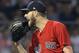 Boston Red Sox starting pitcher Chris Sale reacts on the mound during a baseball game against the Minnesota Twins at Fenway Park, Friday, July 27, 2018, in Boston. (AP Photo/Elise Amendola)