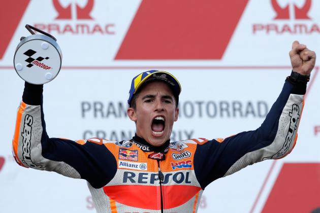 HOHENSTEIN-ERNSTTHAL, GERMANY - JULY 15:  Marc Marquez of Spain and Repsol Honda Team celebrates winning the MotoGP of Germany at Sachsenring Circuit on July 15, 2018 in Hohenstein-Ernstthal, Germany. (Photo by Mark Wieland/Getty Images)