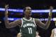 Milwaukee Bucks' Brandon Jennings reacts during the second half of an NBA basketball game against the Philadelphia 76ers, Wednesday, April 11, 2018, in Philadelphia. The 76ers won 130-95. (AP Photo/Chris Szagola)